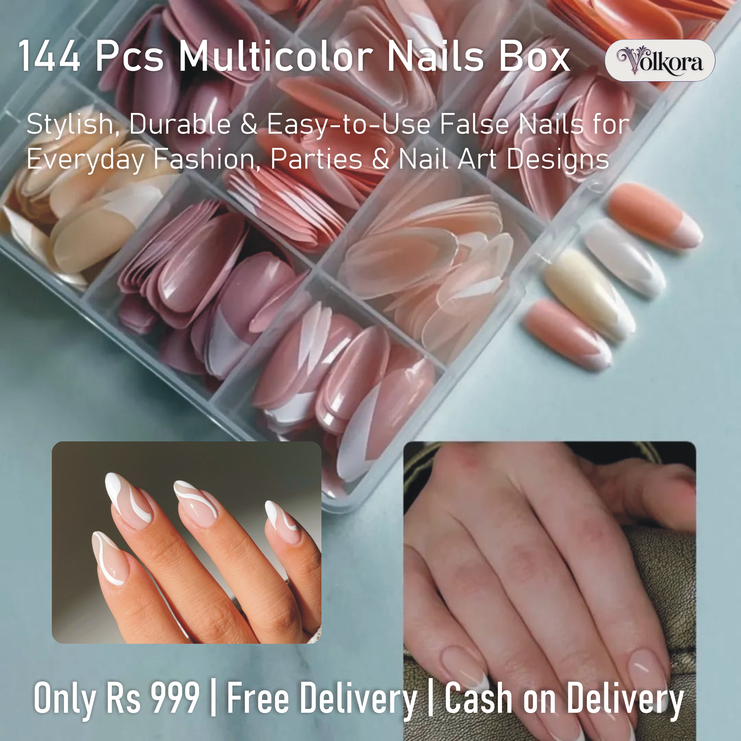 144 Pcs Multicolor Nails Box – Stylish & Durable False Nails for Parties, Weddings & Nail Art